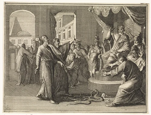 De in een slang veranderde staf van Mozes verslindt die van de Egyptische tovenaars by Caspar Luyken, print, 1712