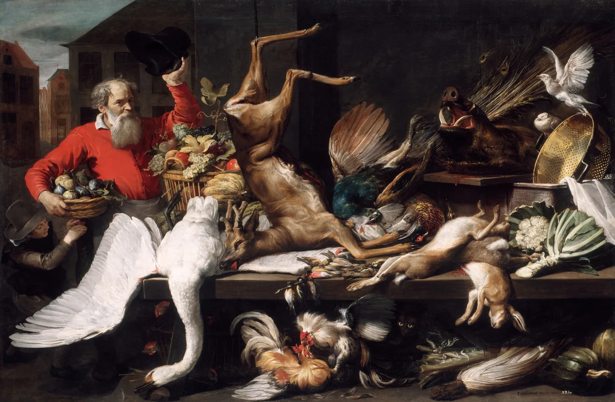 Still Life with Dead Game, Fruits, and Vegetables in a Market by Frans Snyders, painting, 1614