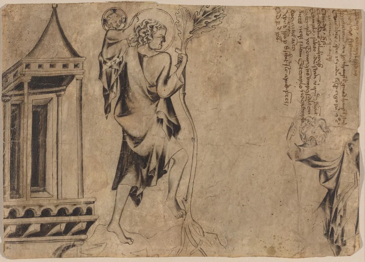 An Aedicule with Two Studies of Saint Christopher by Austrian 14th Century, drawing, 1325-1350