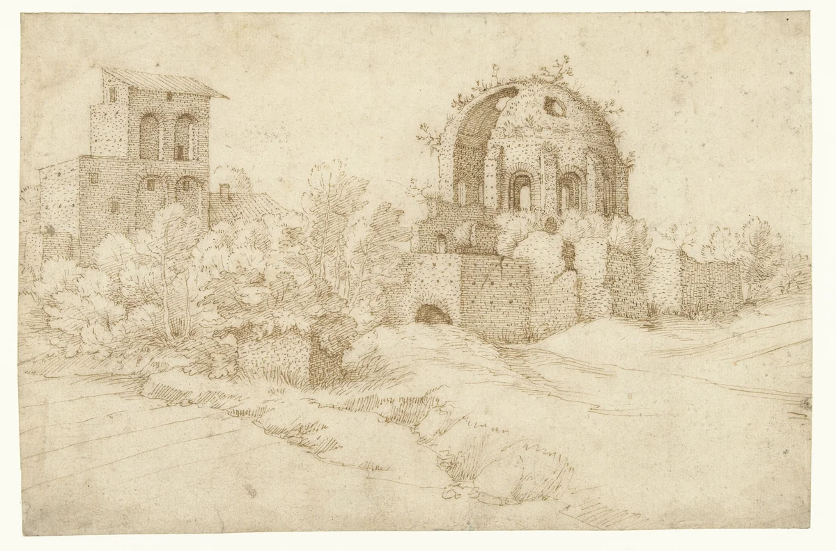 Gezicht op de tempel van Minerva Medica by Jacques Franckaert, drawing, 1585-1601