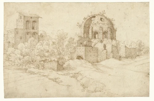 Gezicht op de tempel van Minerva Medica by Jacques Franckaert, drawing, 1585-1601