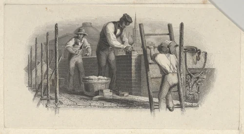 Banknote vignette showing three men on a scaffold laying a brick wall by Asher Brown Durand, print, 1819-1837