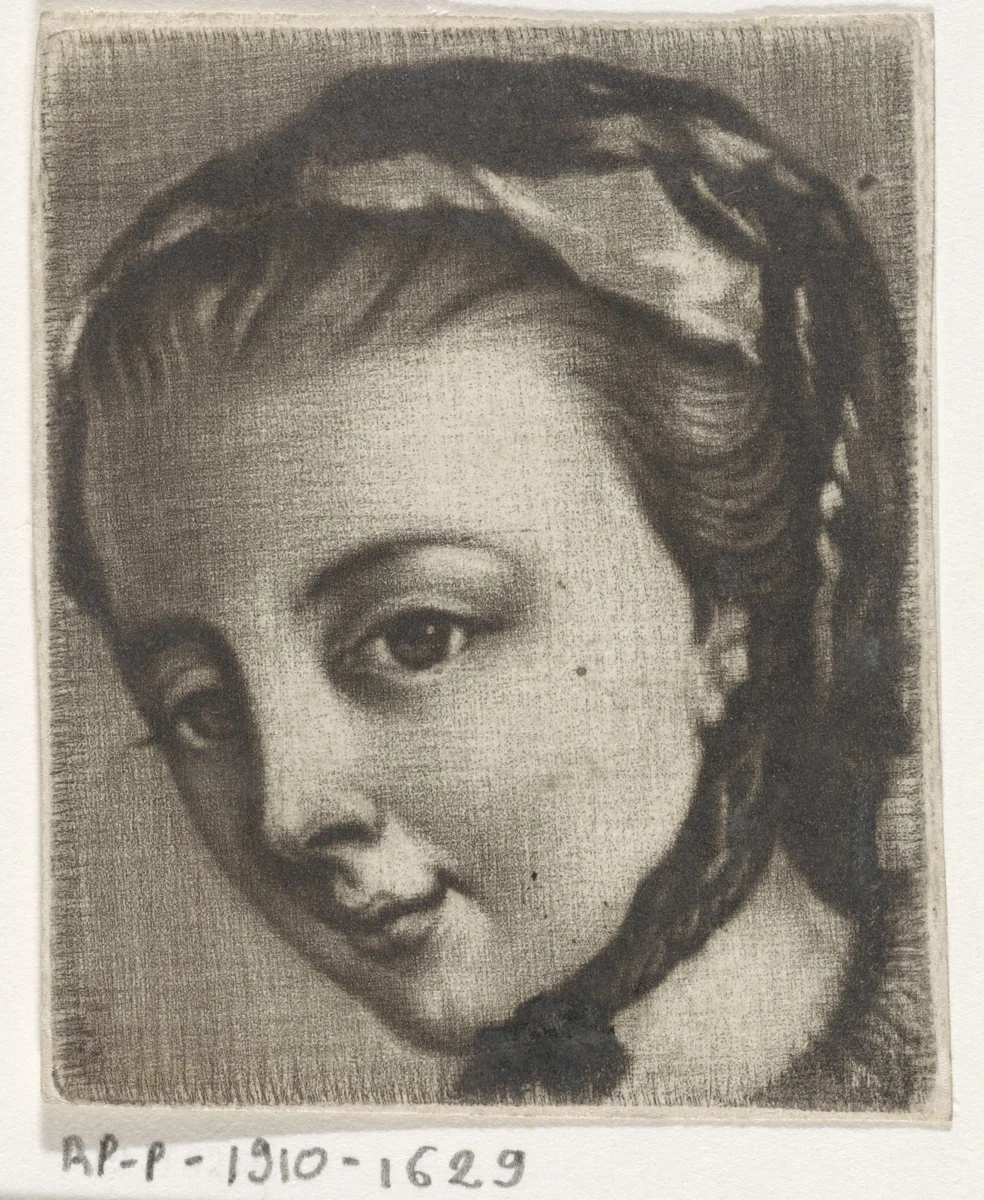 Kop van een meisje met een kap by anonymous, print, 1650-1800