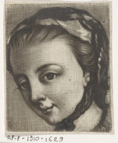 Kop van een meisje met een kap by anonymous, print, 1650-1800