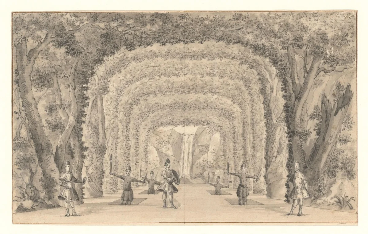 Gezicht op het podium van de schouwburg van Van Campen met voorstelling by anonymous, drawing, 1665-1772