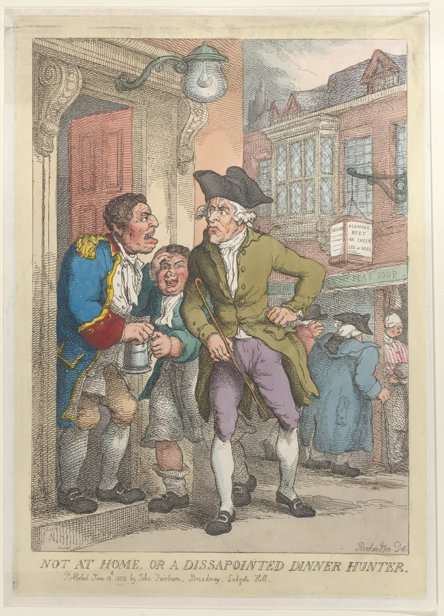 Not at Home, or a Disappointed Dinner Hunter by Thomas Rowlandson, print, 1823