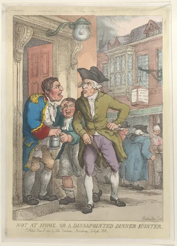 Not at Home, or a Disappointed Dinner Hunter by Thomas Rowlandson, print, 1823
