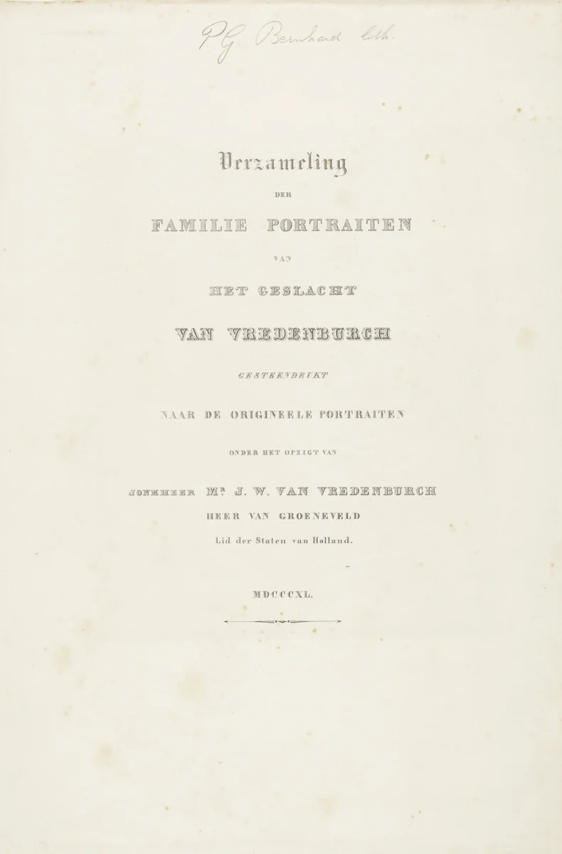 Titelprent voor serie familieportretten van het geslacht Van Vredenburch by Pieter Gerardus Bernhard, print, 1840