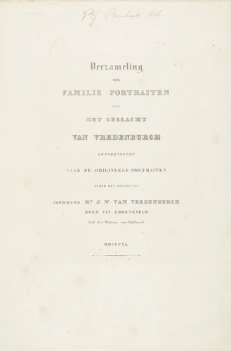 Titelprent voor serie familieportretten van het geslacht Van Vredenburch by Pieter Gerardus Bernhard, print, 1840