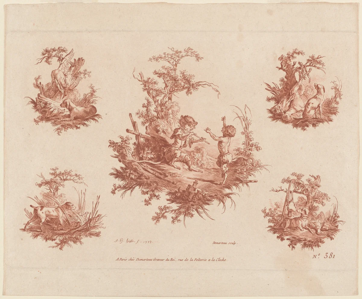 Singerie with Four Vignettes of Dogs Hunting by Gilles Demarteau the Elder; Jean-Baptiste Hüet, print, 1745-1811