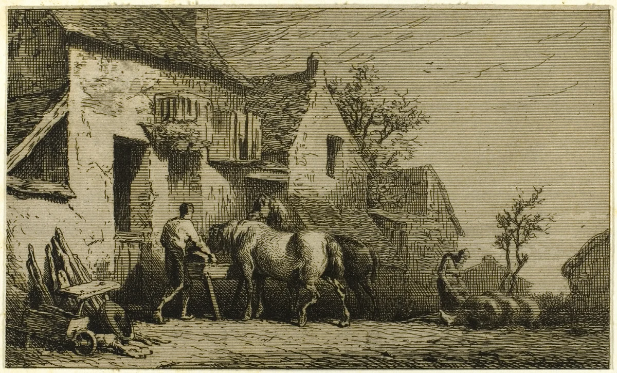 Entrance to an Inn, with Stable Boy by Charles-Émile Jacque, print, 1850