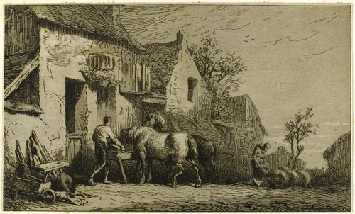 Entrance to an Inn, with Stable Boy by Charles-Émile Jacque, print, 1850