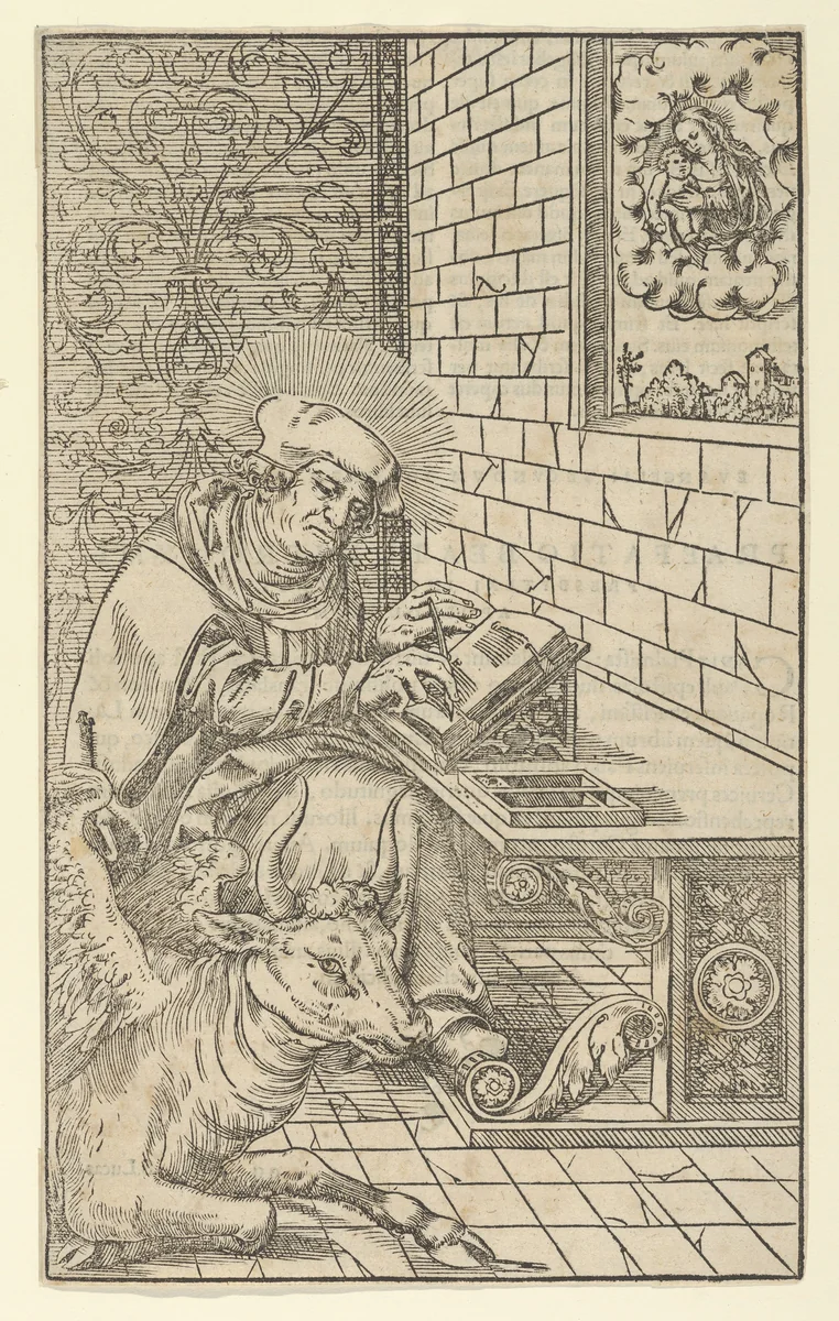 Luke, from "The Four Evangelists and Three Apostles Sitting in Rooms" by Lucas Cranach the Younger, print, 1515-1586