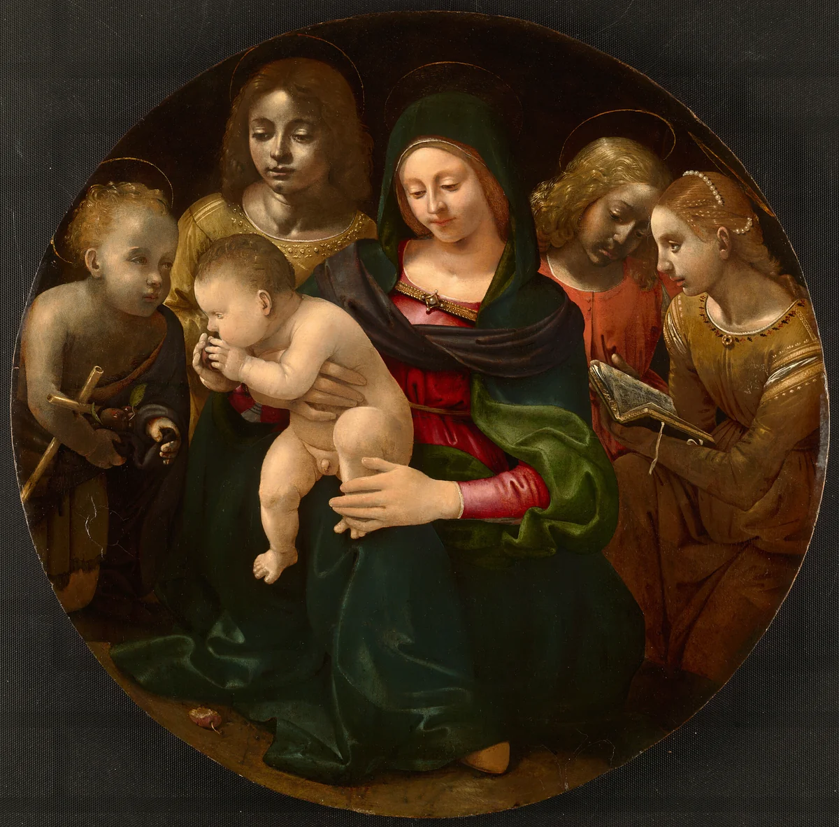 Virgin and Child with the Young Saint John the Baptist, Saint Cecilia, and Angels by Piero di Cosimo, painting, 1500-1510