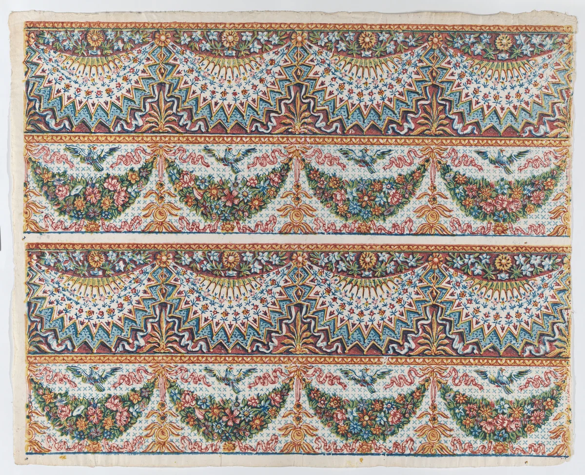 Sheet with a two borders with four hanging draperies,multicolor festoons, and birds by anonymous, print, 1775-1875
