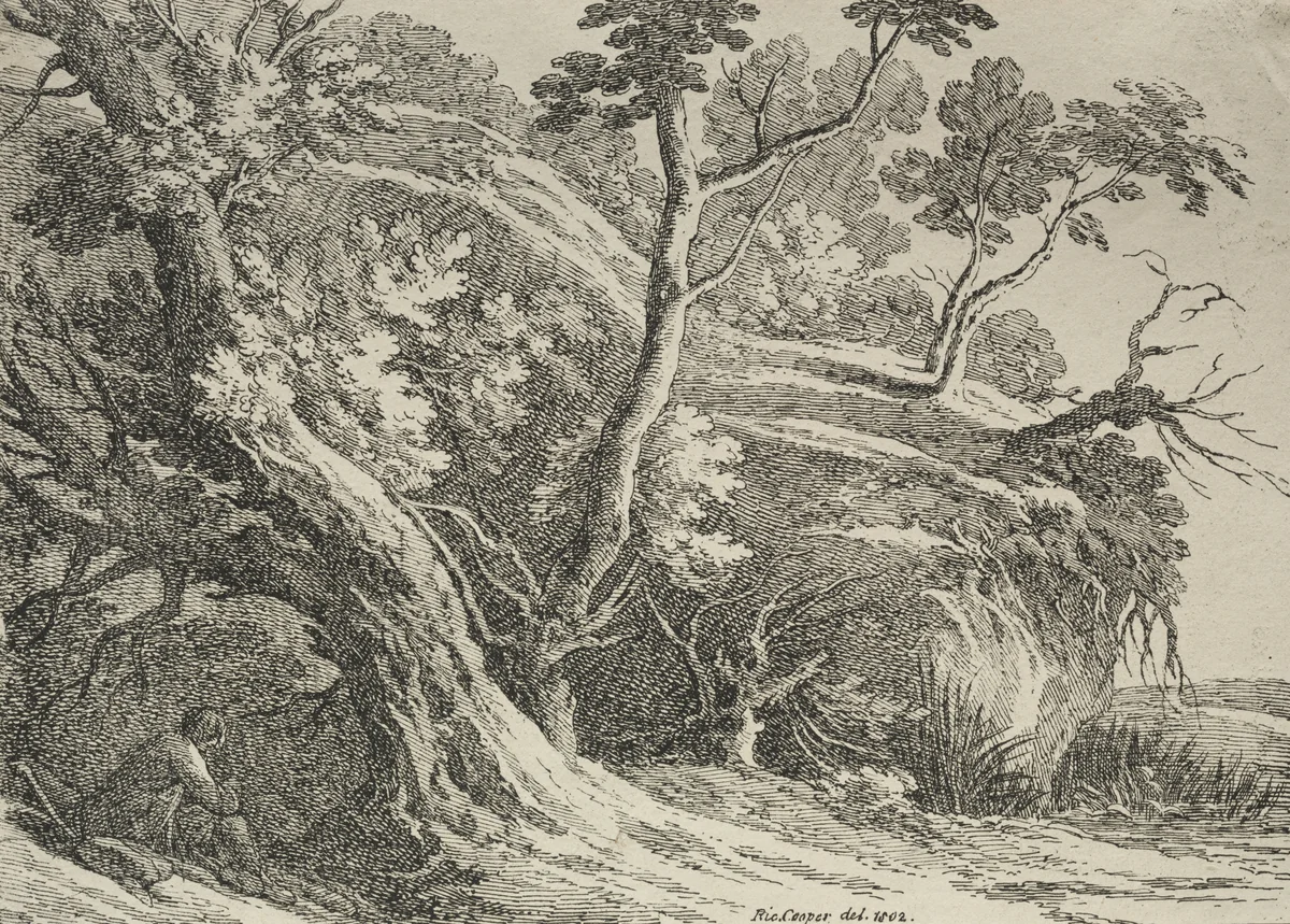 Specimens of Polyautography: Man Seated under an Oak by Richard Cooper, print, 1802