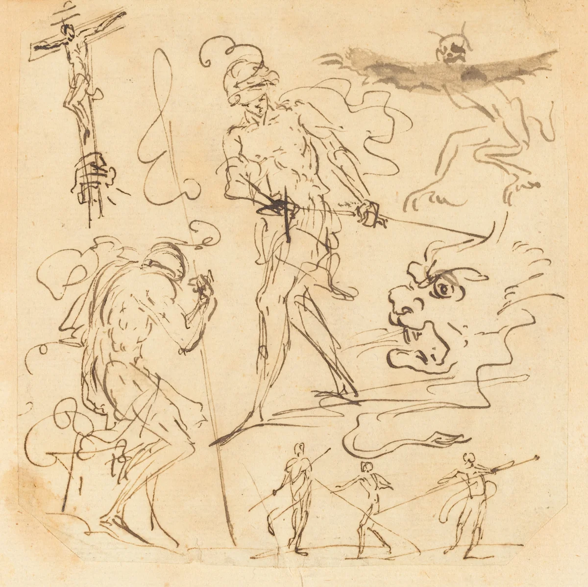 Sheet of Studies with a Soldier Drawing a Sword, a Crucifix, Monstrous Animals, and Other Figures by Neapolitan 17th Century, drawing, 1612-1666