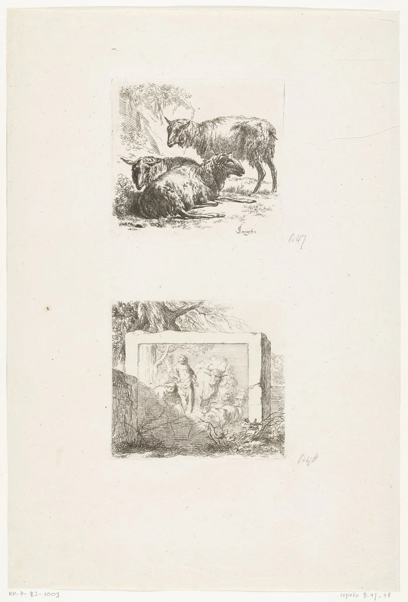 Drie schapen en een steenblok met bas-reliëf by anonymous, print, 1648-1733