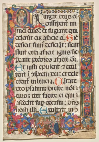 Leaf from a Psalter with Full Border with Medallions (Annunciation, SS. Jerome, Clare, Sebastian and Bernardino) and Historiated Initial (E): Virgin and Child by Unknown, manuscript, 1475