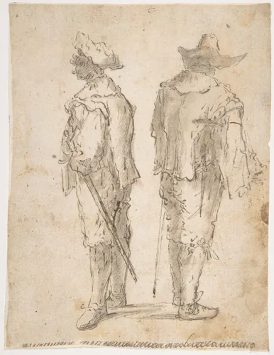 Two Standing Men by Micco Spadaro, drawing, 1609-1675