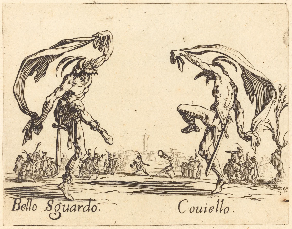 Bello Sguardo and Coviello by Jacques Callot, print, 1622
