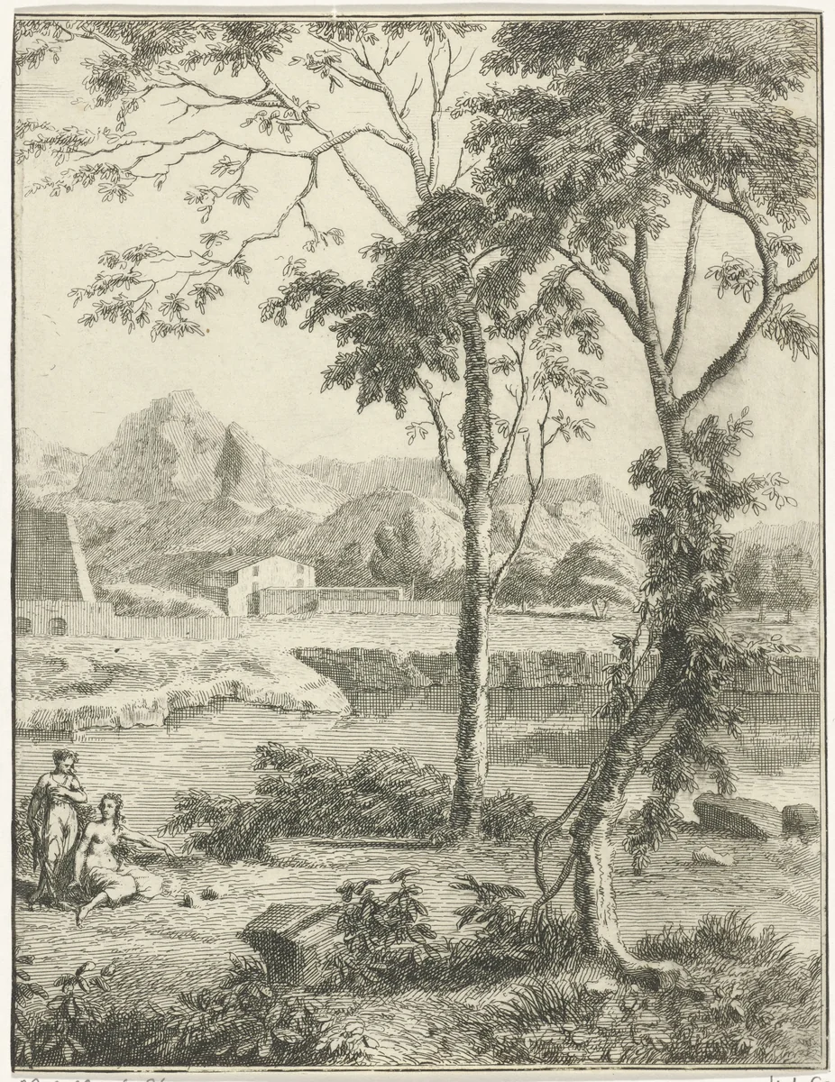 Arcadisch rivierlandschap met twee vrouwen op de oever by Adolf van der Laan, print, 1710-1747