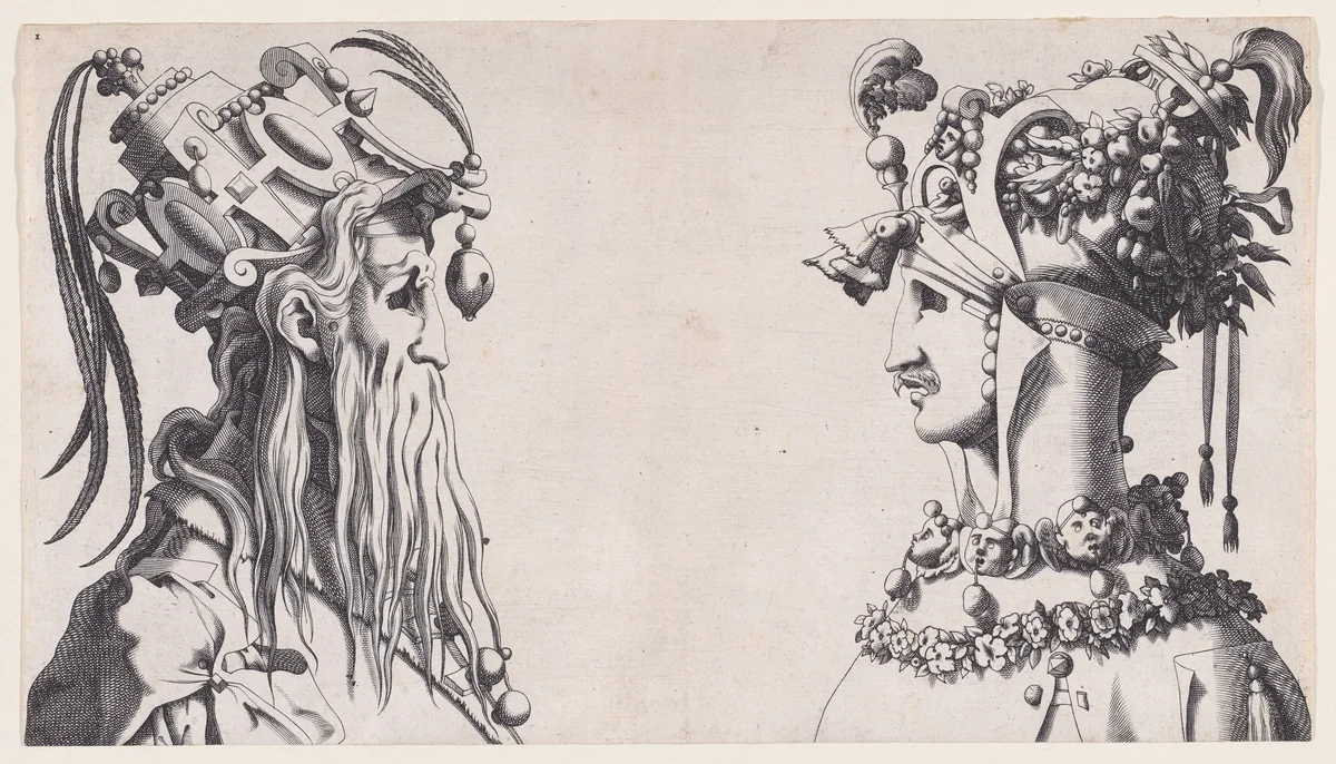 Fantastical Masked Masculine Heads by René Boyvin, print, 1525-1600