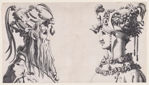Fantastical Masked Masculine Heads by René Boyvin, print, 1525-1600