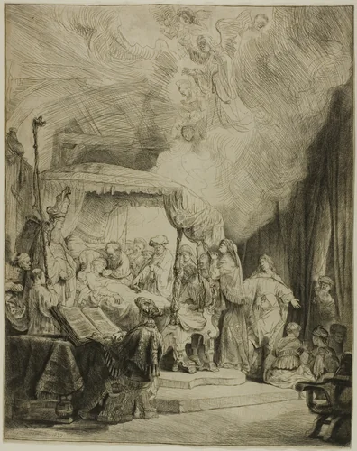 The Death of the Virgin by Rembrandt van Rijn, print, 1639