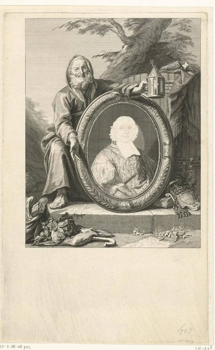 Diogenes bij een portret van André-Hercule de Fleury by Jacob Houbraken, print, 1708-1780
