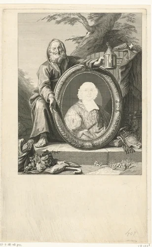 Diogenes bij een portret van André-Hercule de Fleury by Jacob Houbraken, print, 1708-1780
