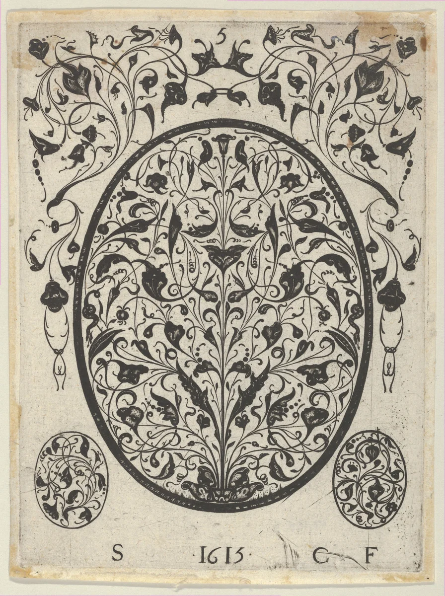 Blackwork Print with Foliate Scrolls in an Oval at Center, from a Series of Blackwork Prints for Goldsmiths' Work by Etienne Carteron, print, 1615