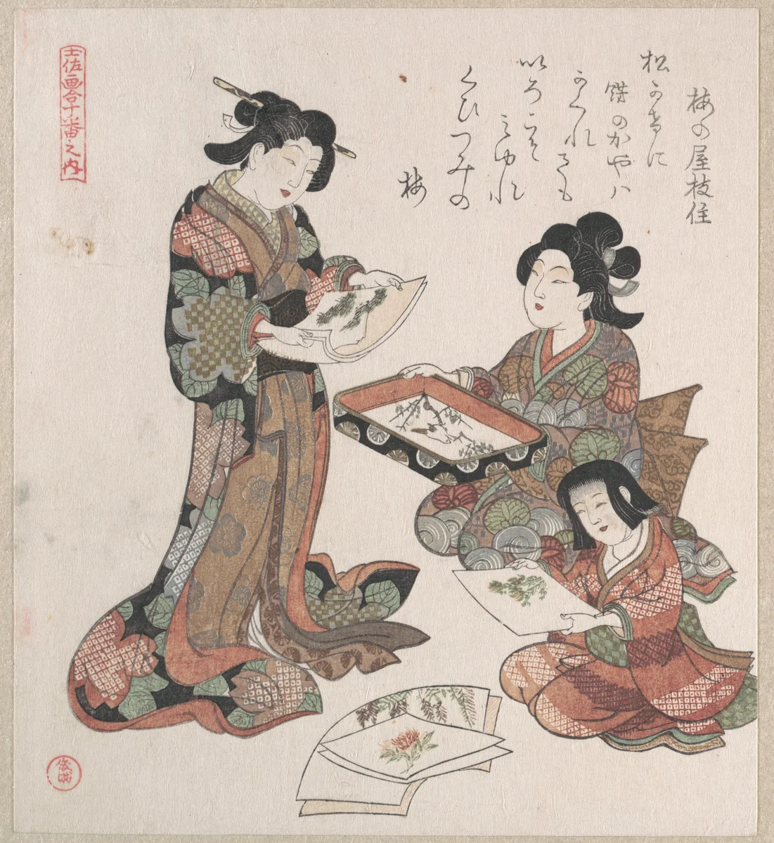 Two Women and a Girl Looking at Paintings by Kubo Shunman (窪俊満), print, 1815