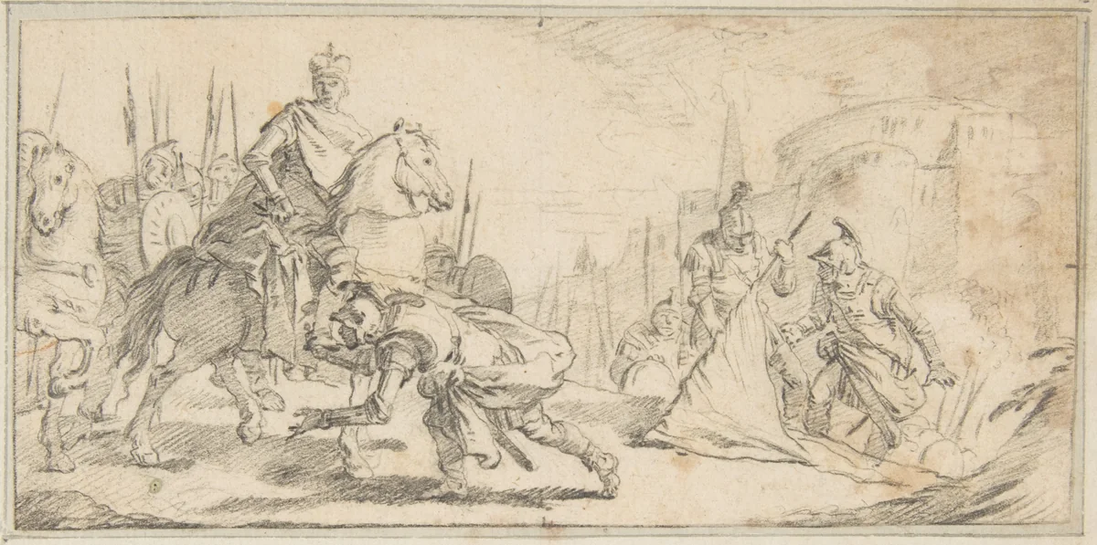 Illustration for a Book: Soldiers Surrendering to an Emperor, with a City in the Background by Giovanni Battista Tiepolo, drawing, 1696-1770