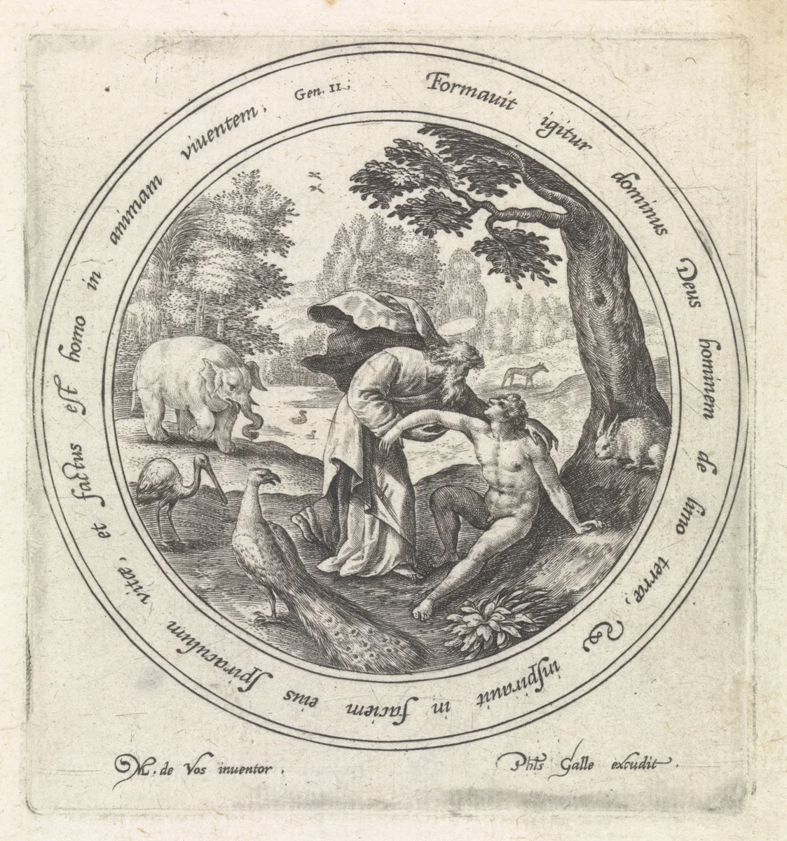 De schepping van Adam by Crispijn van de Passe, print, 1580-1588