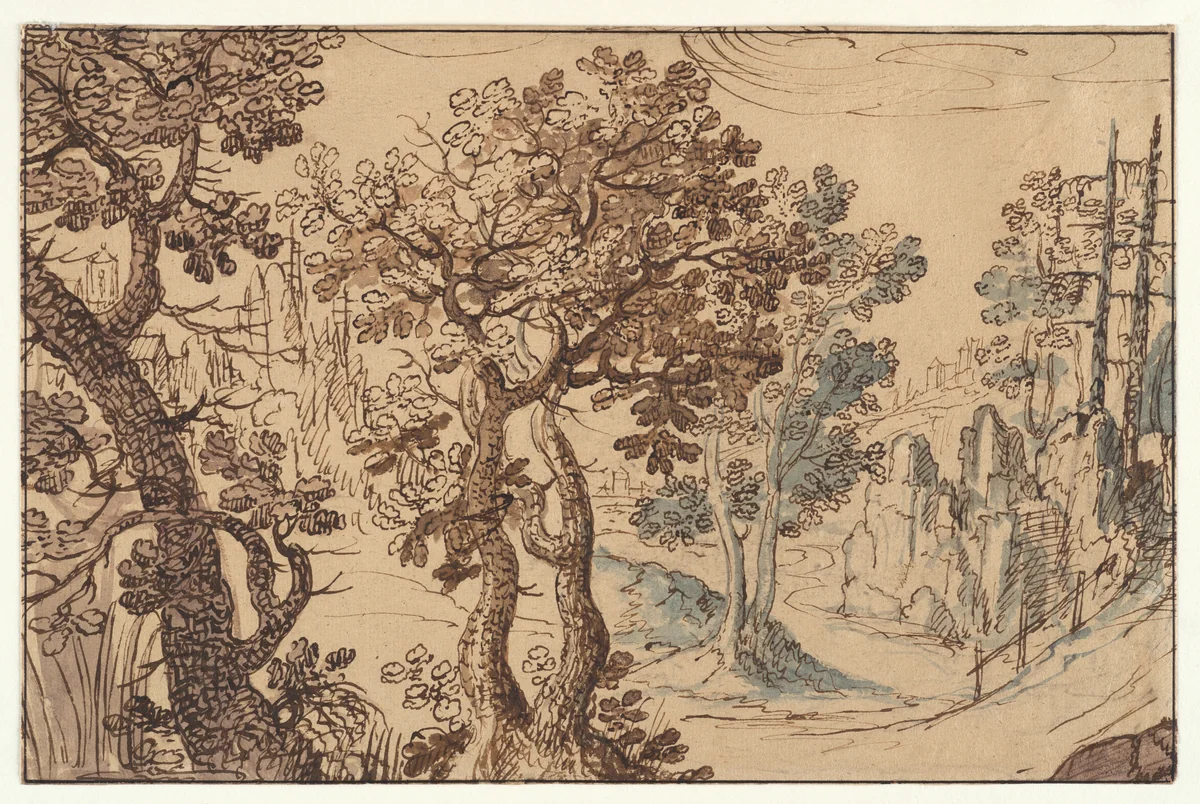 Wooded Landscape by Gillis van Coninxloo, drawing, 1600-1700