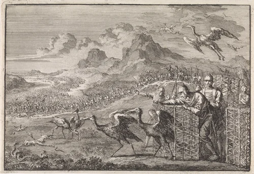 Mozes verjaagt de slangen door ibissen los te laten by Jan Luyken, print, 1704