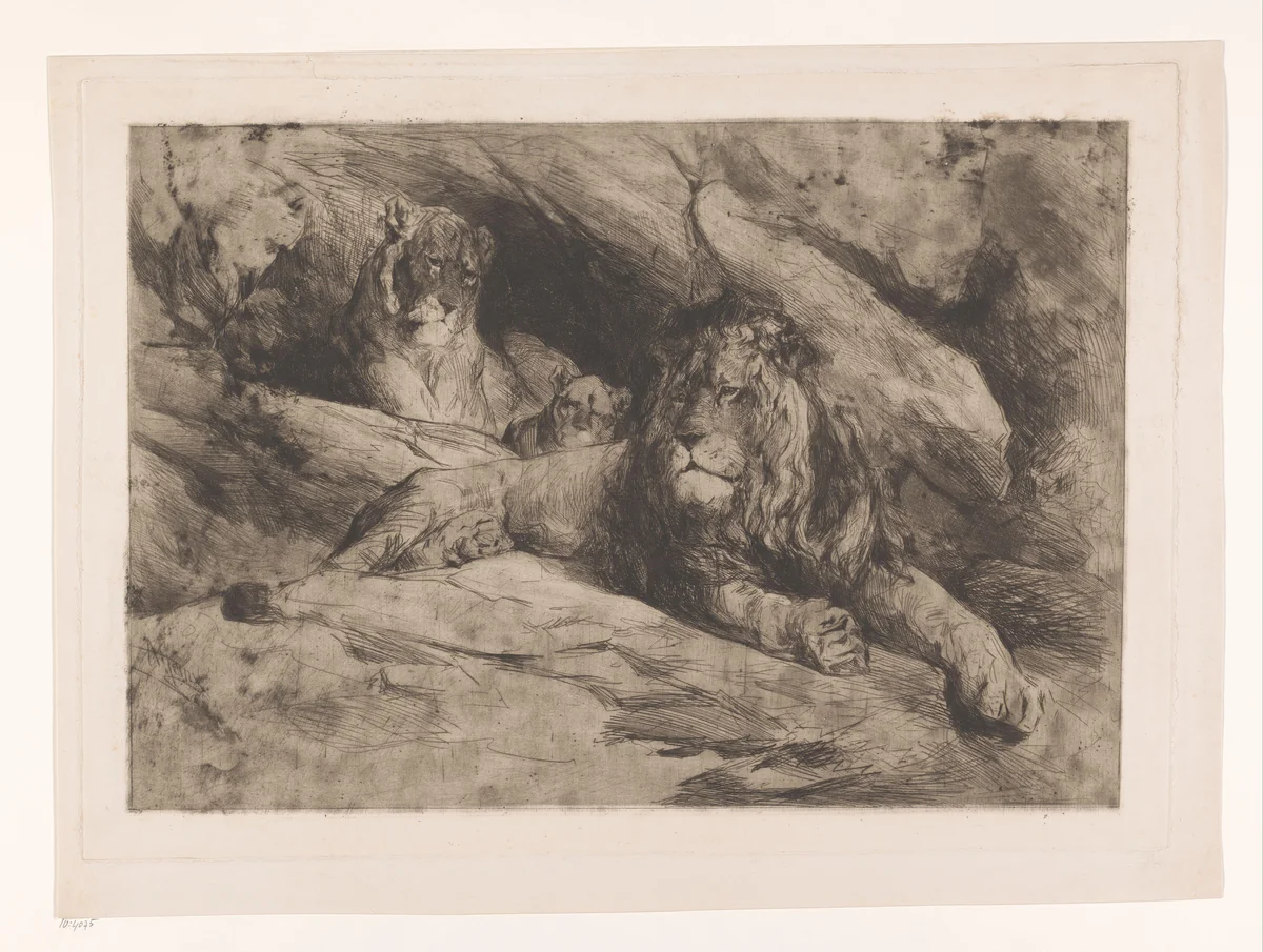 Leeuwen met een welp by Armand Heins, print, 1866-1910