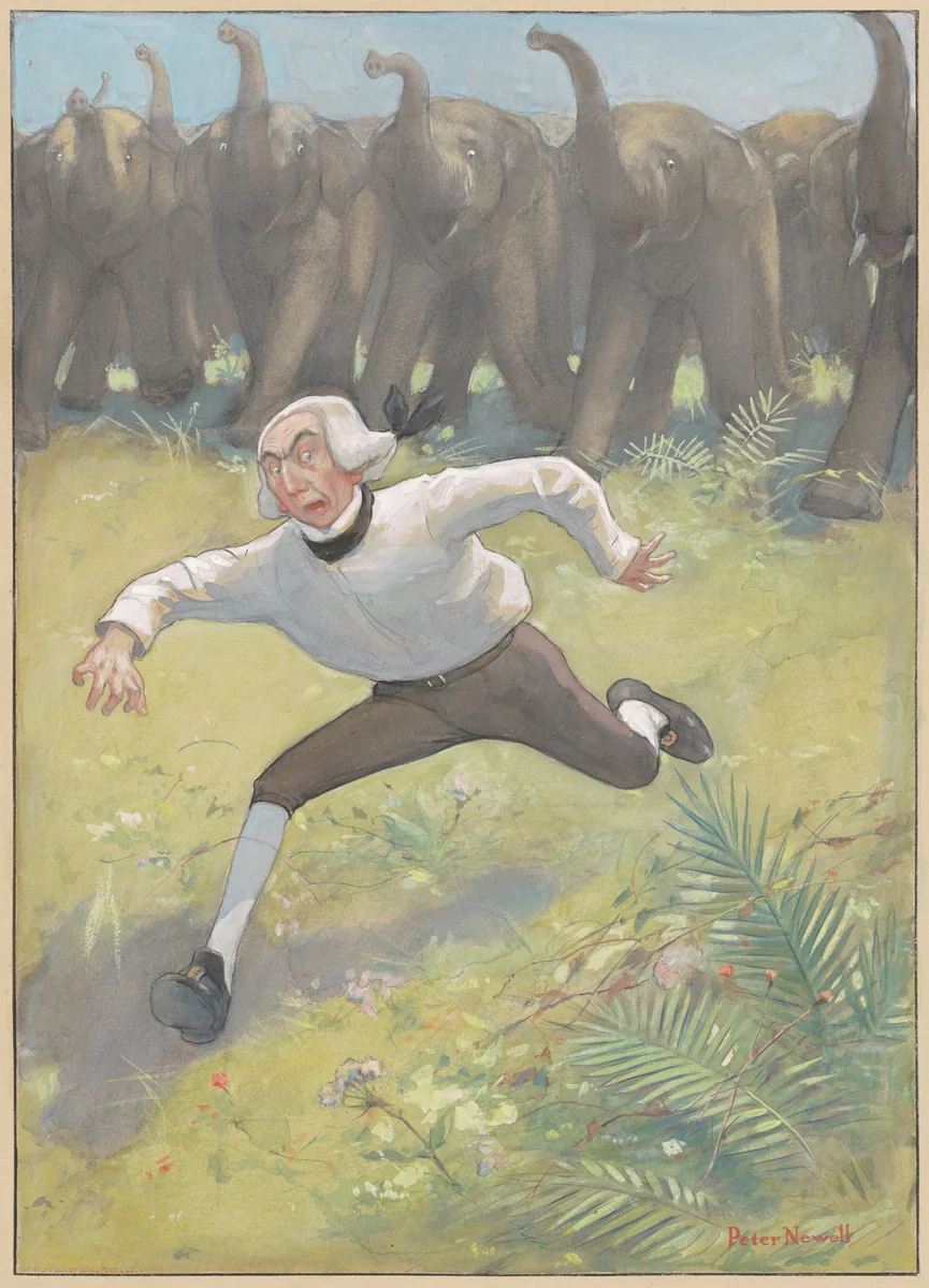 Man Running from Elephants by Peter Newell, drawing, 1901