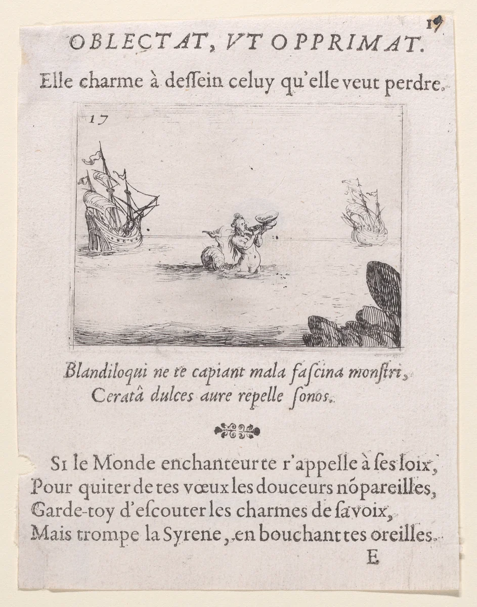 Une Sirène entre deux Vaisseaux (A Siren Between Two Ships), plate 17 from "Lux Claustri ou La Lumière du Cloitre" (The Light of the Cloisters) by Jacques Callot, print, 1621-1635