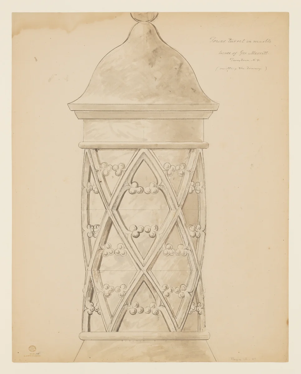Elevation of a Marble Tower Turret at Lyndhurst for George Merritt, Tarrytown, New York by Alexander Jackson Davis, drawing, 1861-1871