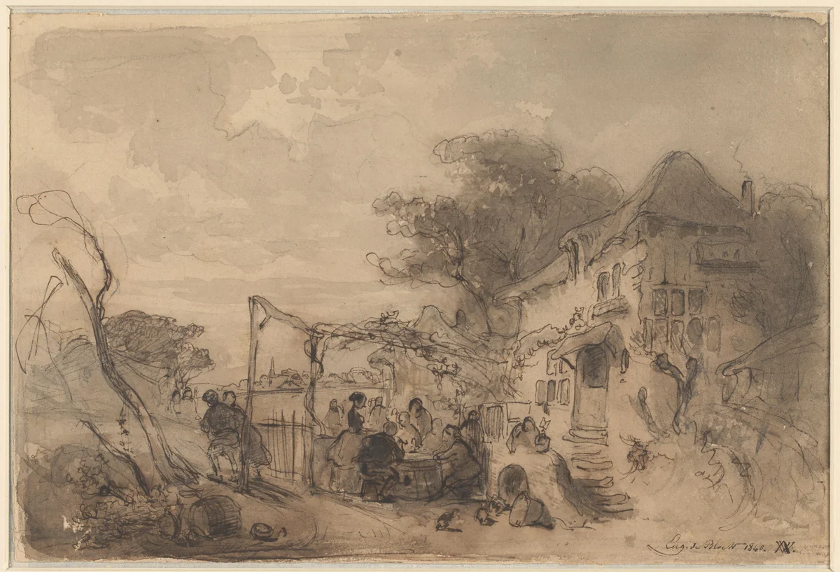 Gezelschap op terras voor herberg langs een weg by Eugène François de Block, drawing, 1840