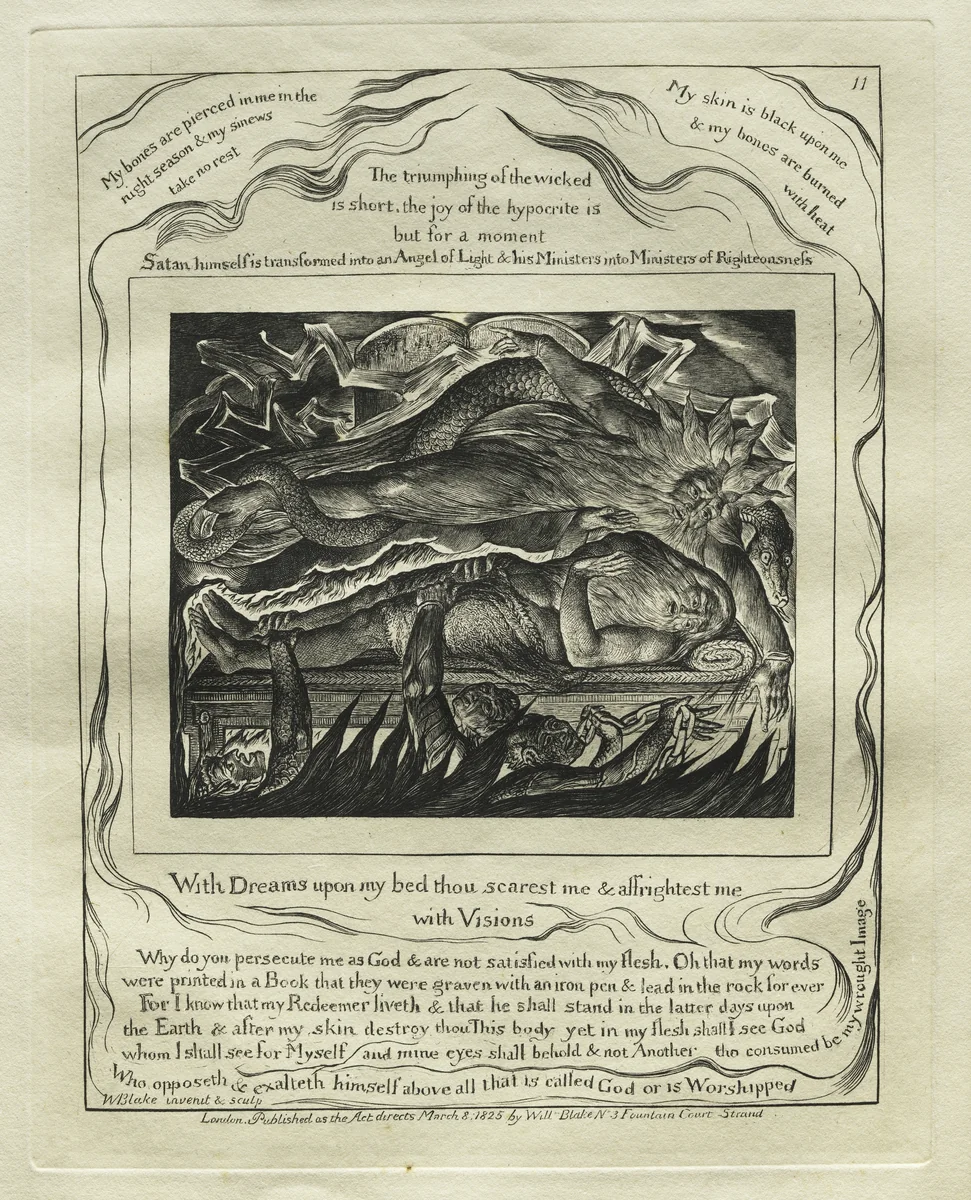 The Book of Job: Pl. 11, With Dreams upon my bed thou scarest me and affrightest me / with Visions by William Blake, print, 1825