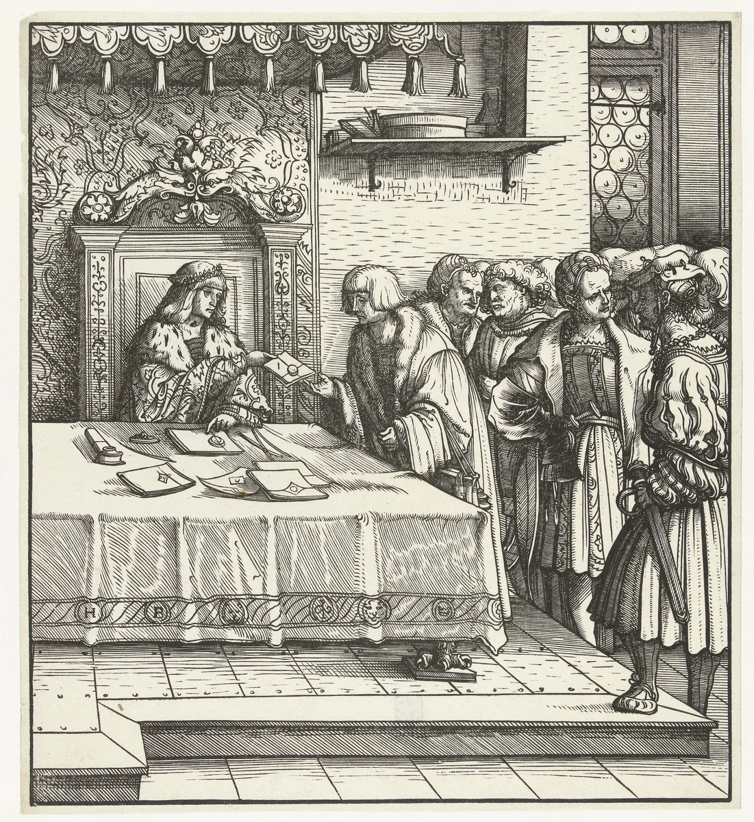 Maximiliaan overhandigt brief aan een man by Unknown, print, 1512-1516