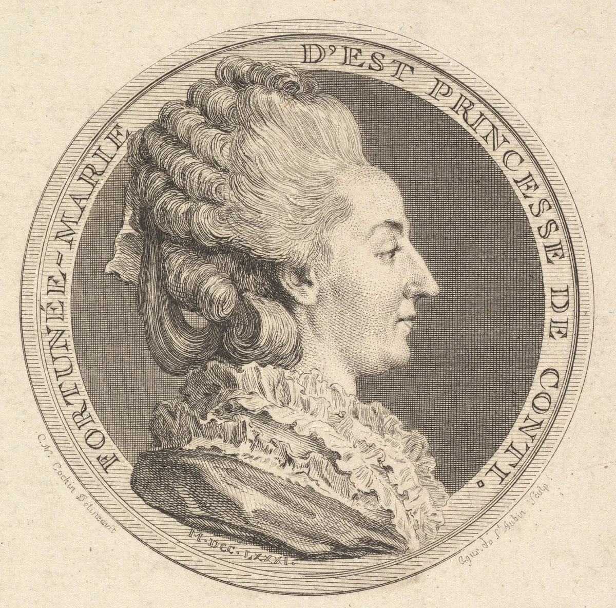 Print of a Portrait Medal of Fortunée-Marie d'Est, Princesse de Conti by Augustin de Saint-Aubin, print, 1781