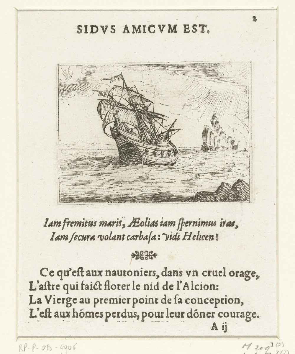Schip in een storm by Jacques Callot, print, 1625-1629