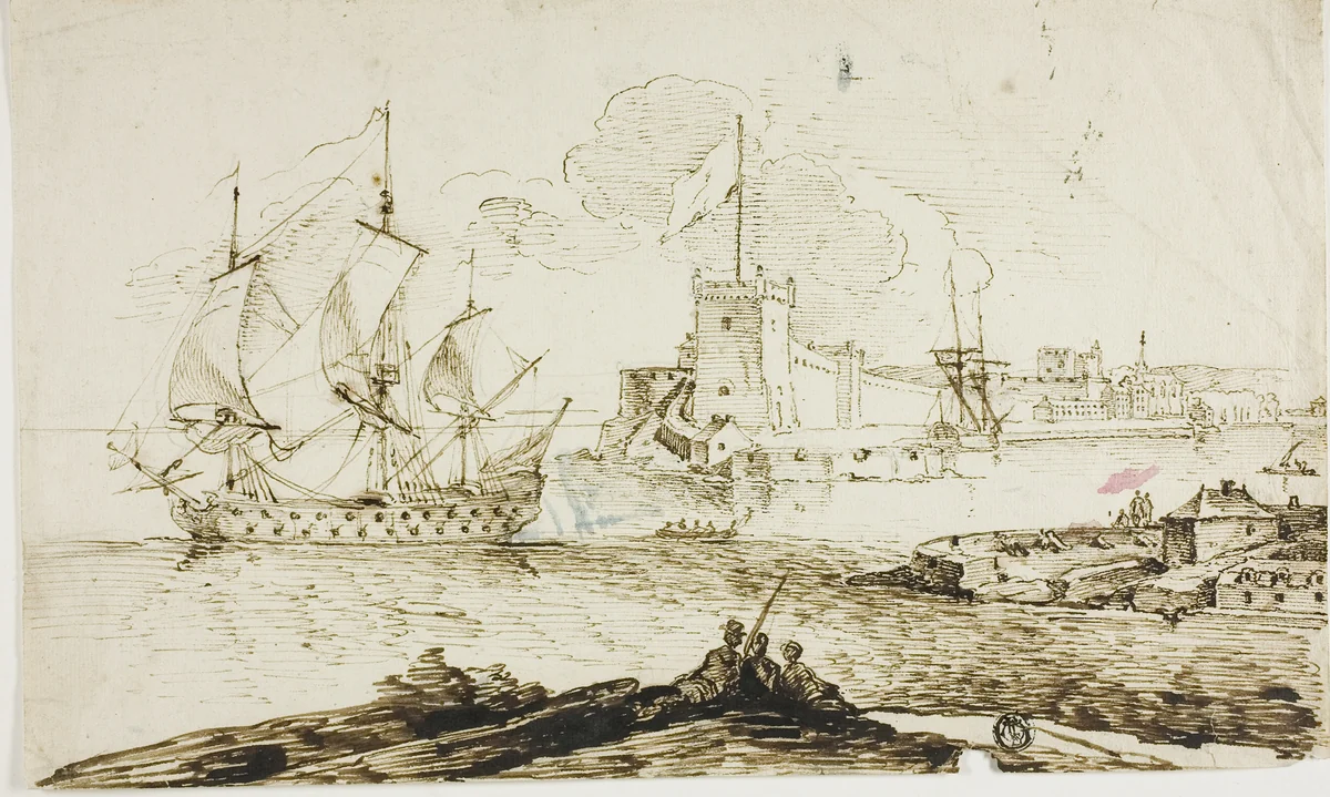 View of Harbor of Fortified Town by Unknown Artist, drawing, 1700-1799