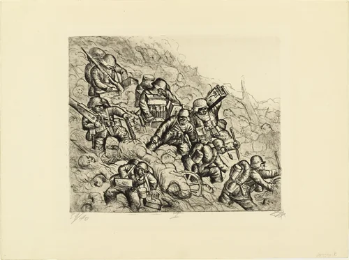 Machine-Gun Squad Advances (Somme, November 1916) [Maschinengewehrzug geht vor (Somme, November 1916)] from The War (Der Krieg) by Otto Dix, print, 1924