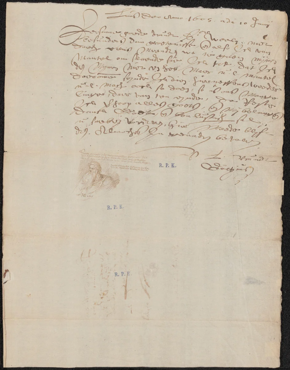 Brief aan Jan van Wely by Hendrick Goltzius, drawing, 1605