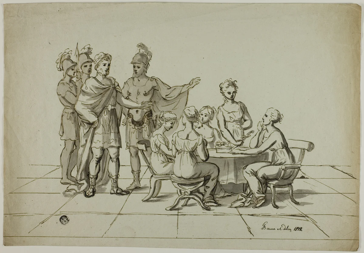 Roman Emperor Approaching Group of Women Seated at Table by Unknown Artist, drawing, 1700-1799
